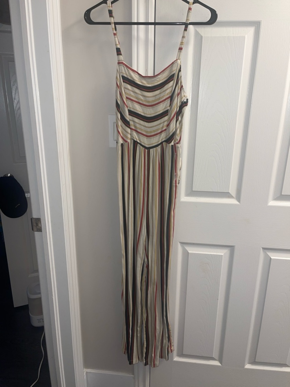 Striped Spaghetti Strap Jumpsuit in Cream, Olive, Yellow & Orange